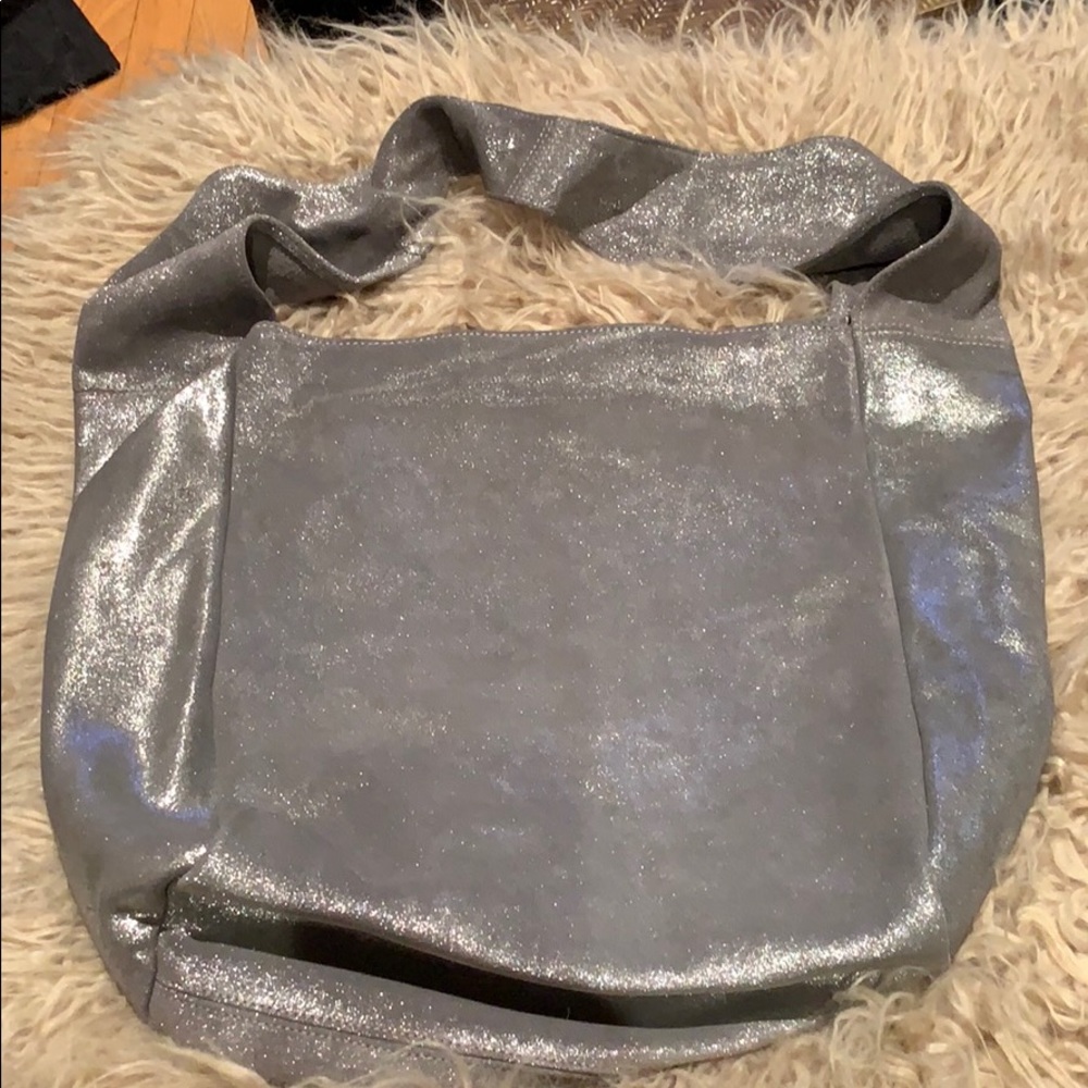 Monserat DeLucca shimmer shoulder bag, silver